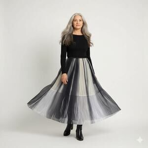 Komarov Small Chiffon Pleated Maxi Skirt Abstract Print Full Swing Lace Inset S